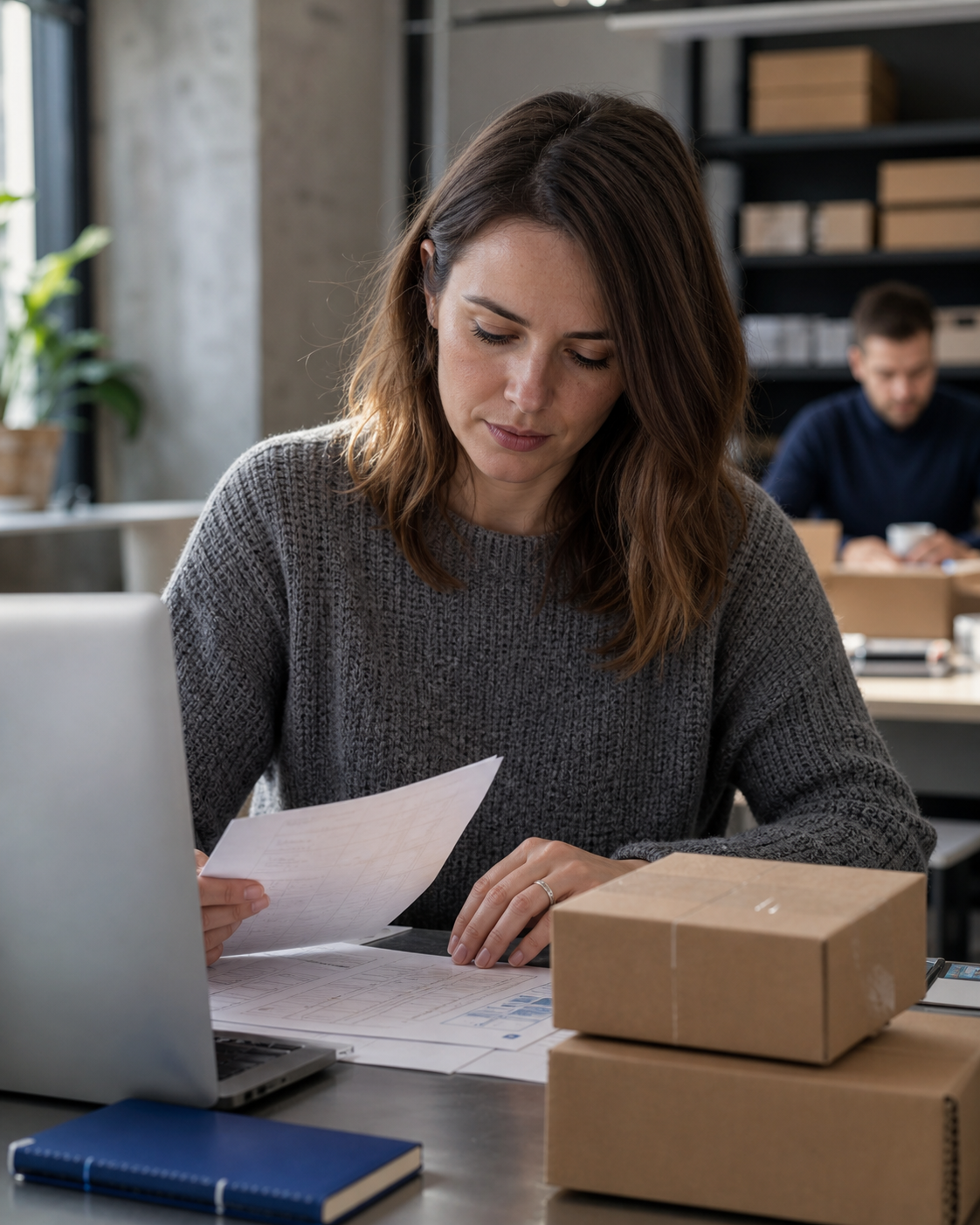 Ecommerce operations specialist reviewing product workflow documents